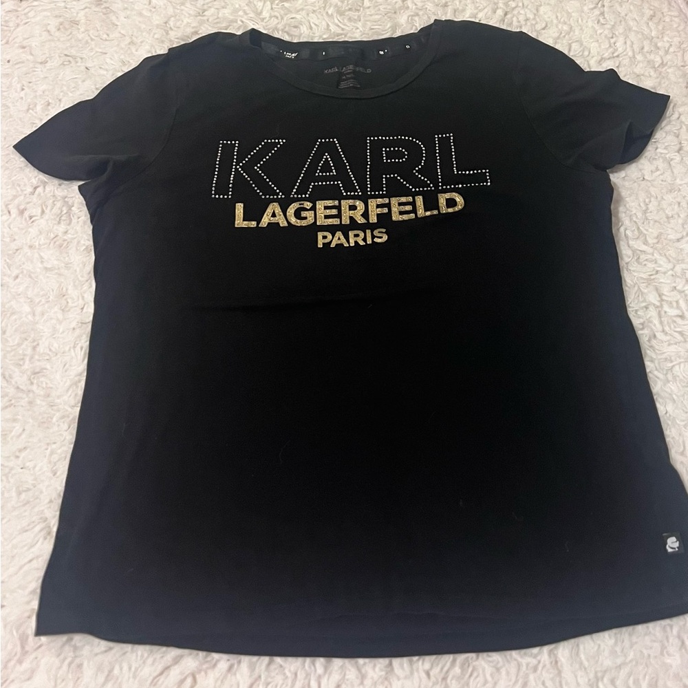 Karl Lagerfeld Black Tee with Gold Logo Studs